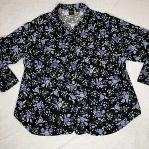 Erika Women's 3X Floral Corduroy Button Up Long Sleeve Shirt Black Blue Purple